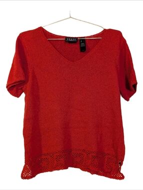Red V-Neck Short Sleeve Knit Top with Crochet Trim